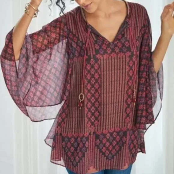 Soft Surroundings Alicia chiffon batwing blouse split neck tassel women’s large - Picture 1 of 7